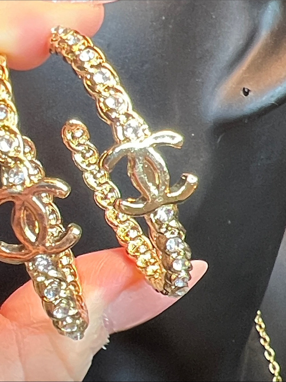 Gold Crystal Hoop Earrings with Interlocking C Motif - Picture 4 of 7